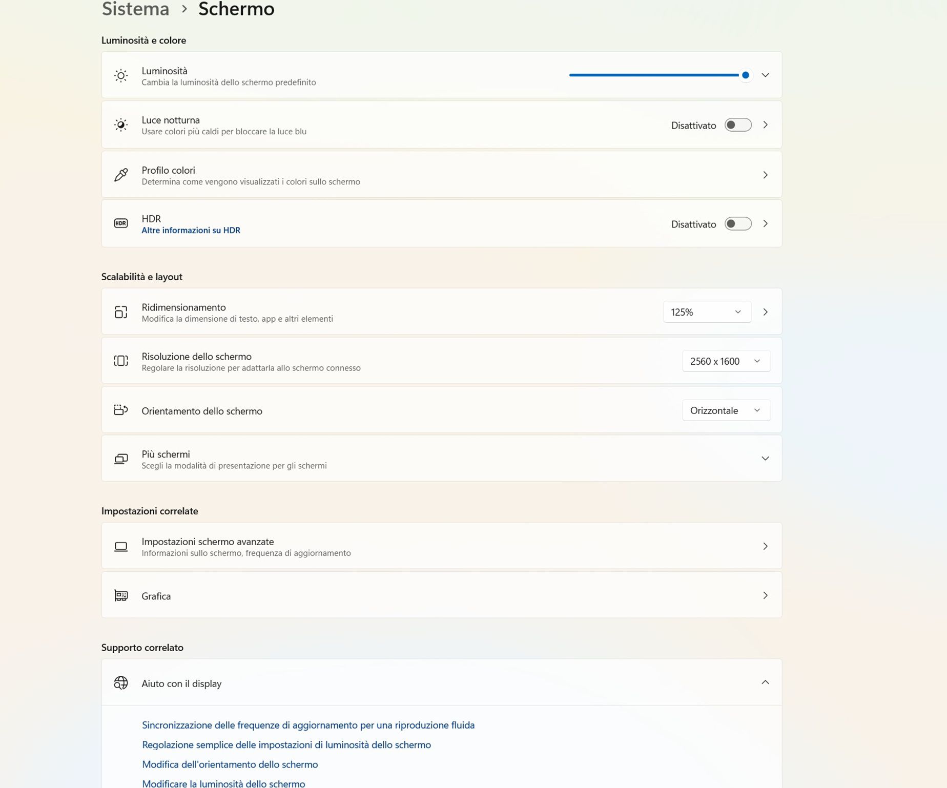 Una schermata che mostra la finestra di dialogo Schermo