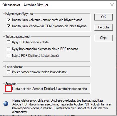 Luota kaikkiin Acrobat Distillerin kautta avattuihin tiedostoihin -valinta