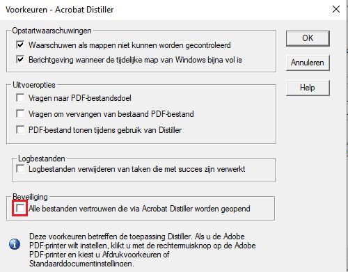 Kies ervoor om alle bestanden die via Acrobat Distiller worden geopend te vertrouwen