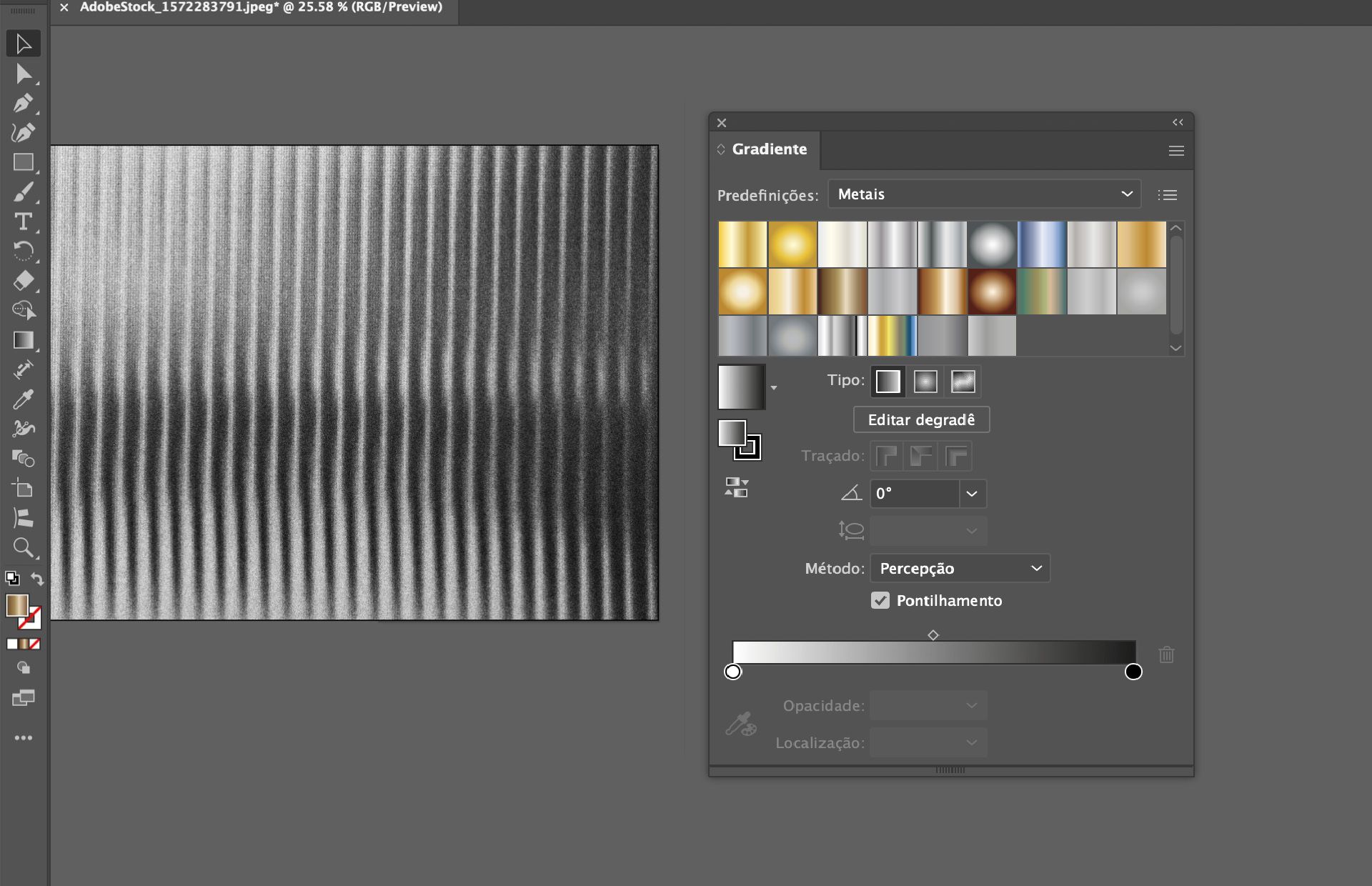 Painel Gradiente no Illustrator mostrando predefinições metálicas aplicadas com pontilhamento sobre um fundo em escala de cinza com textura.