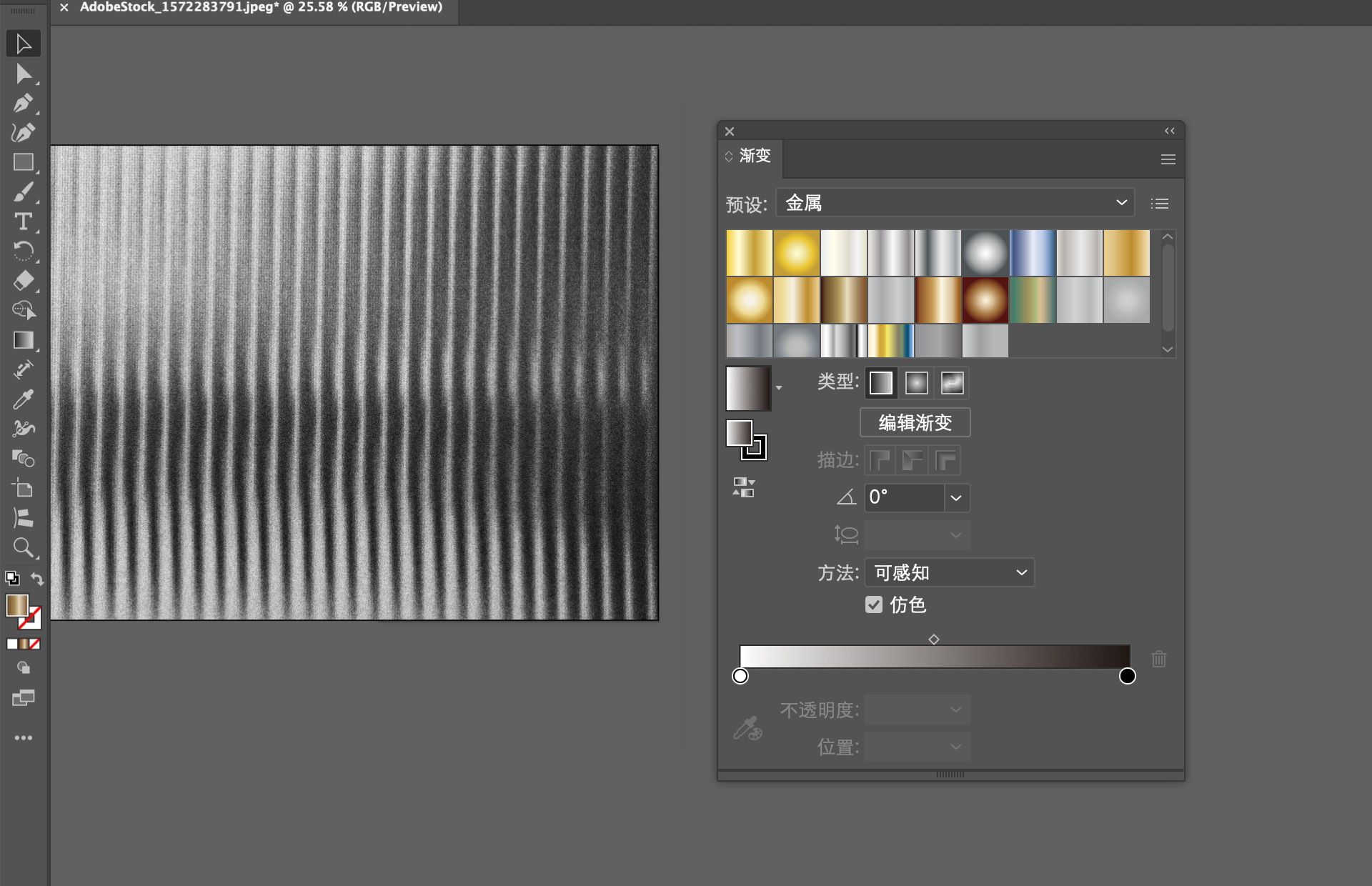 Illustrator 渐变面板的示意图，其中展示了将带有仿色效果的金属预设应用于灰度纹理背景的效果。