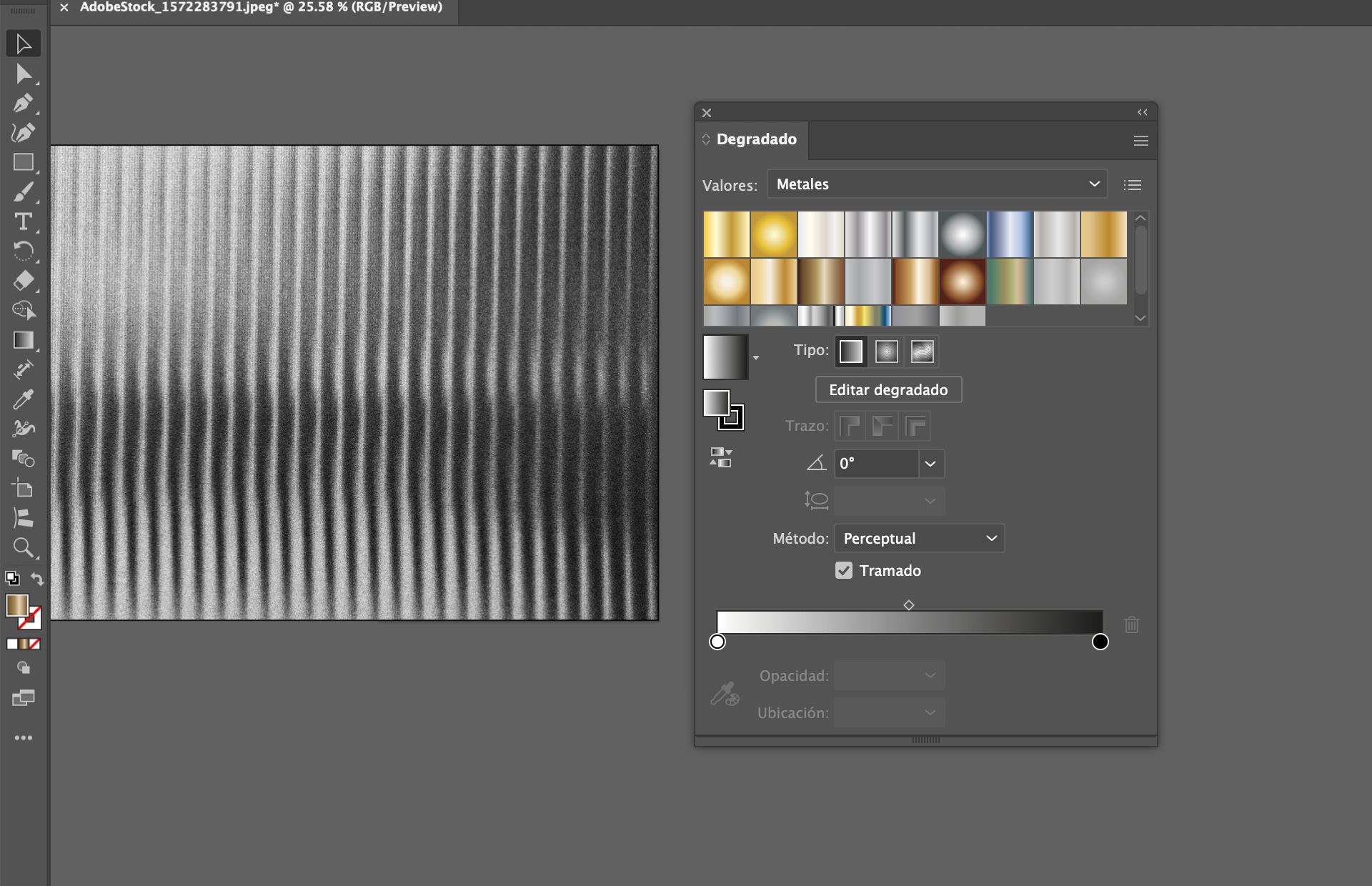 Panel de degradado en Illustrator que muestra los ajustes predefinidos metálicos aplicados con tramado a un fondo texturizado en escala de grises.