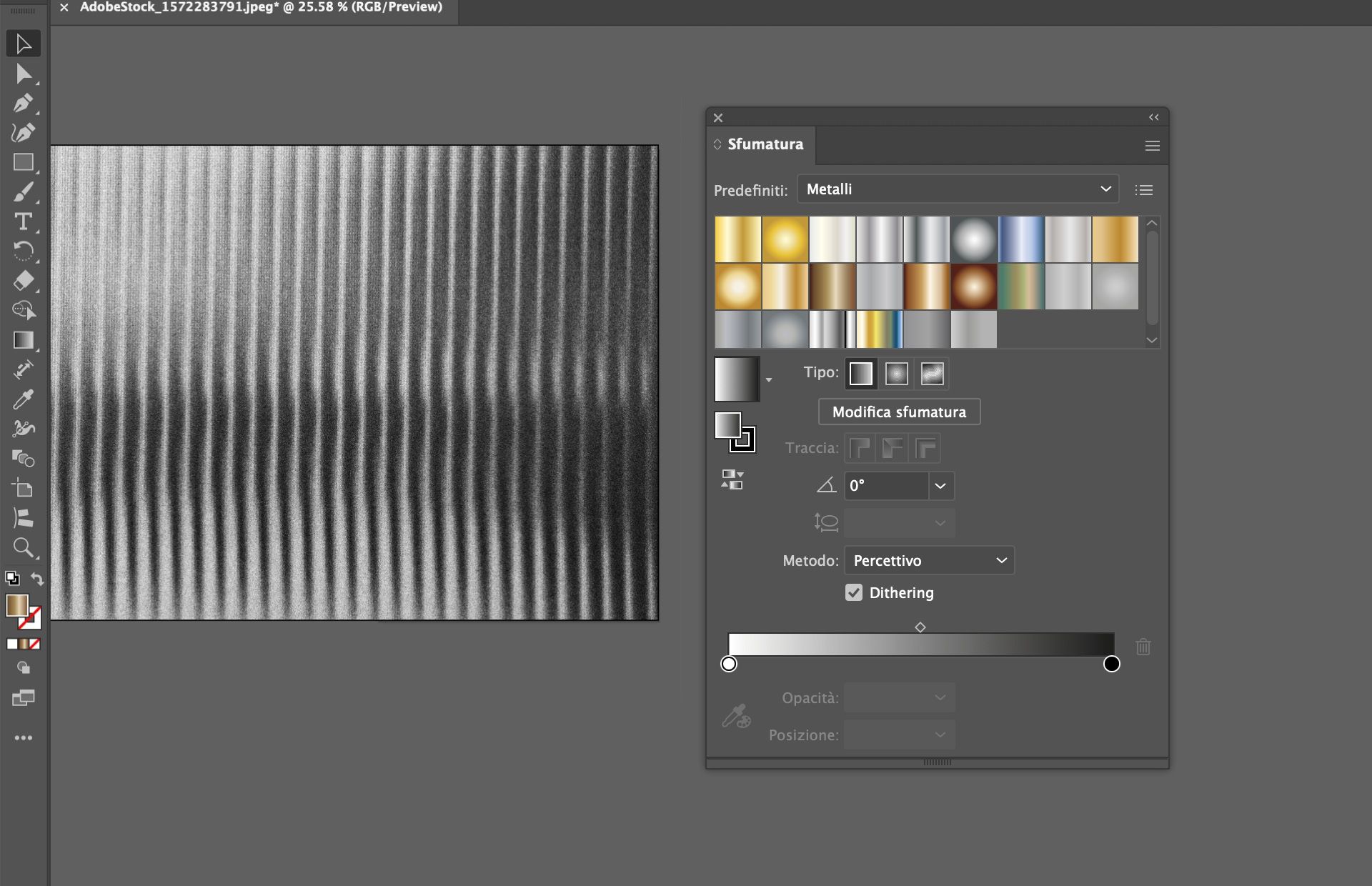 Pannello Sfumatura in Illustrator che mostra i predefiniti metallici applicati con dithering su uno sfondo con texture in scala di grigi.