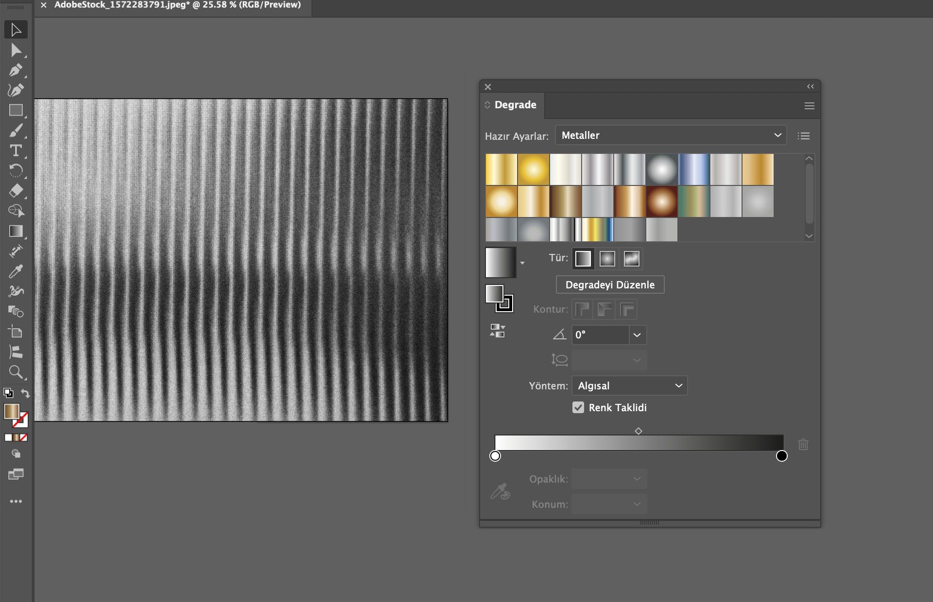 Gri tonlamalı dokulu bir arka plana renk taklidi uygulanmış metal hazır ayarlarını gösteren Illustrator'daki Degrade paneli.