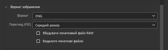 Виберіть формат зображення DNG