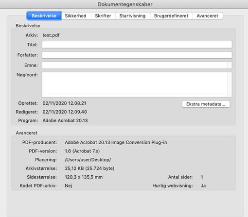 Dialogboksen Dokumentegenskaber