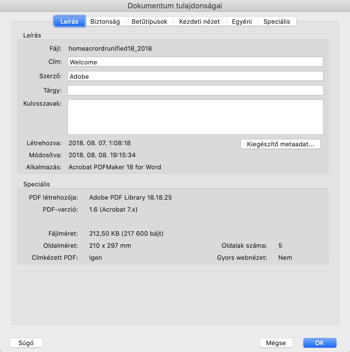 Dokumentum tulajdonságai párbeszédpanel