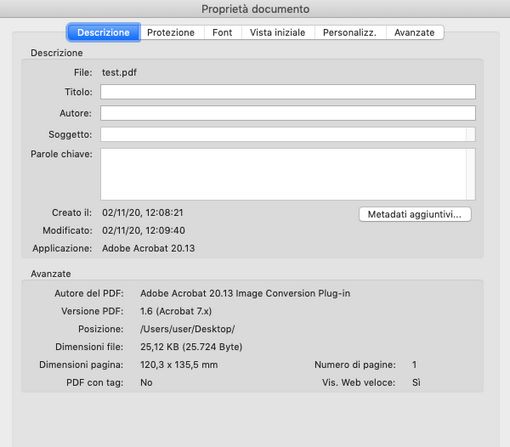 Finestra di dialogo Proprietà documento