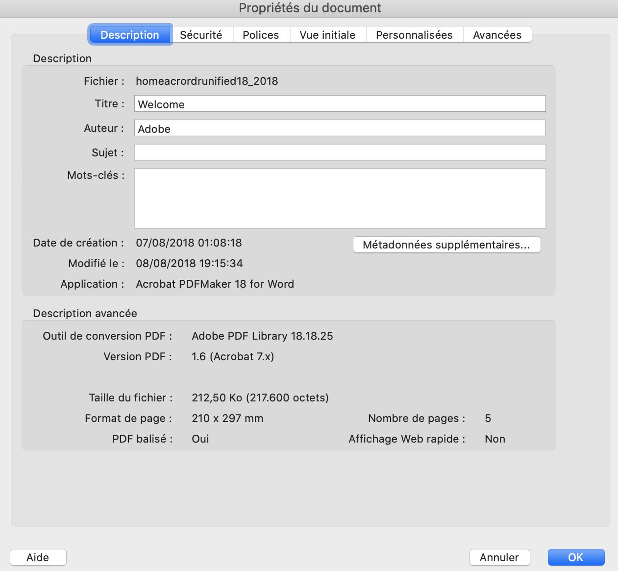 Boîte de dialogue Propriétés du document