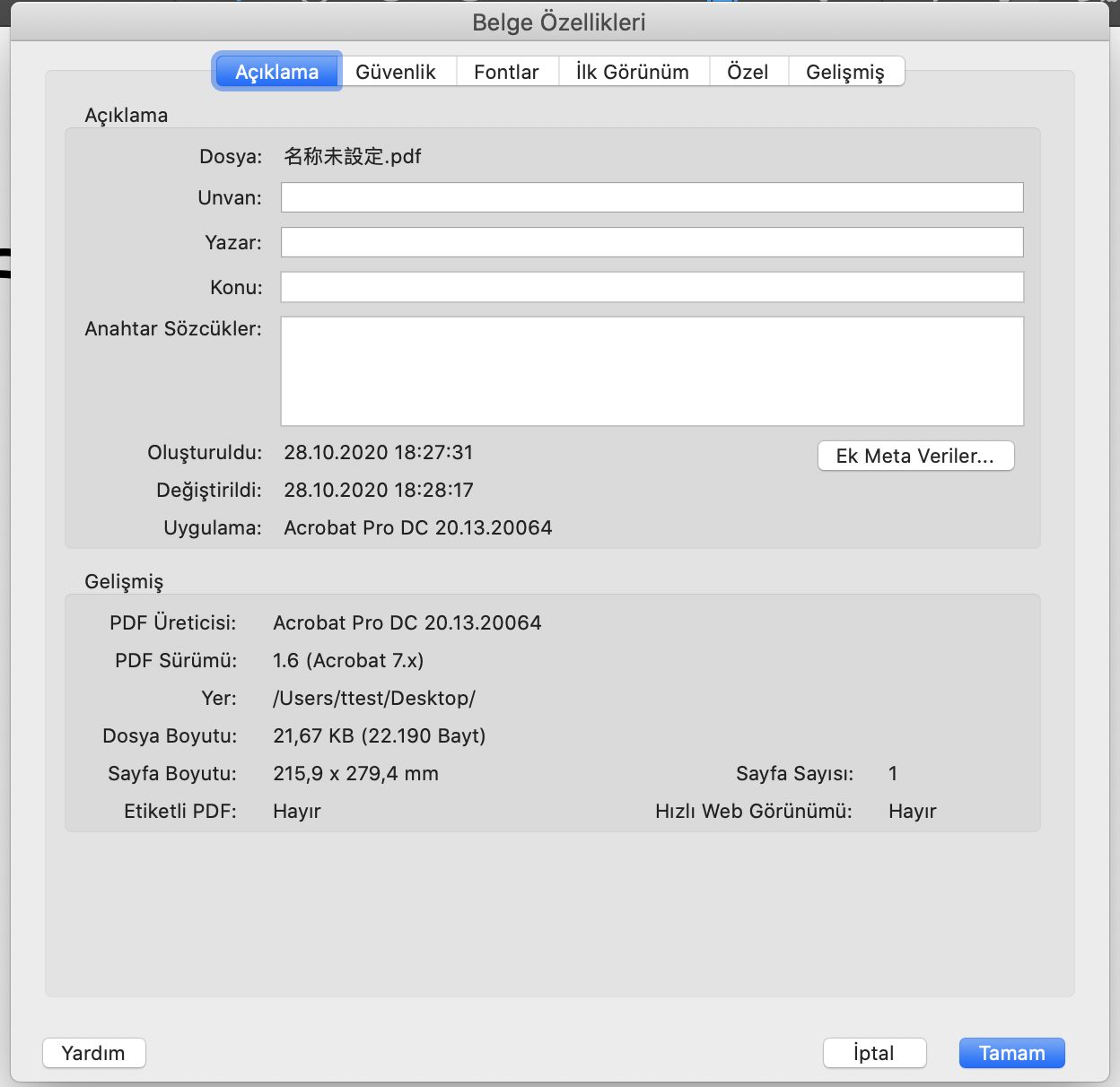 Belge özellikleri iletişim kutusu