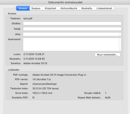 Dokumentin ominaisuudet -valintaikkuna