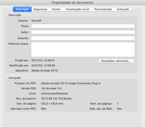 Caixa de diálogo Propriedades do documento