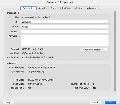 مربع الحوار Document properties