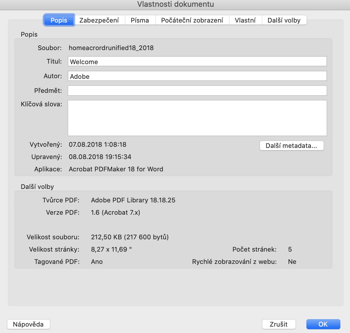Dialogové okno Vlastnosti dokumentu