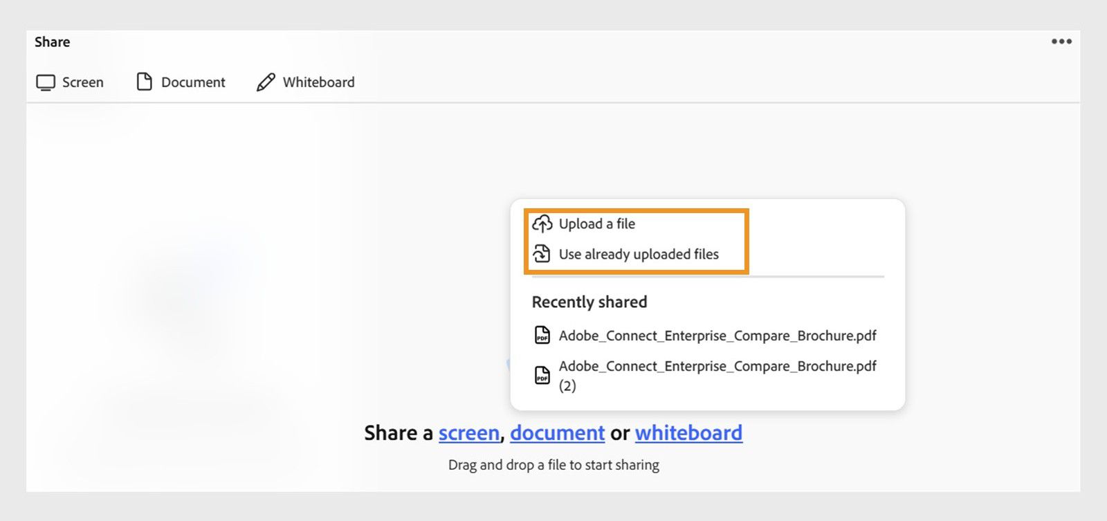 Document link showing the options to upload the files in the Share pod