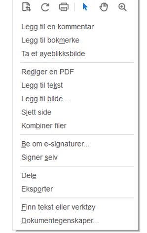Kontekstmeny for et PDF-dokument i Adobe Acrobat