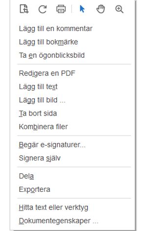 Snabbmeny för ett PDF-dokument i Adobe Acrobat