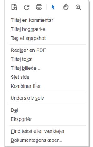 Genvejsmenu for et PDF-dokument i Adobe Acrobat
