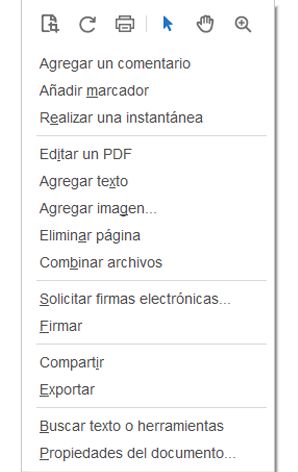 Menú contextual de un documento PDF en Adobe Acrobat