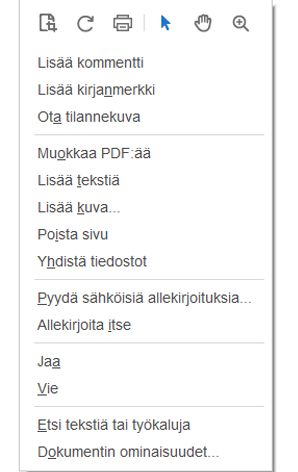 PDF-dokumentin pikavalikko Adobe Acrobatissa
