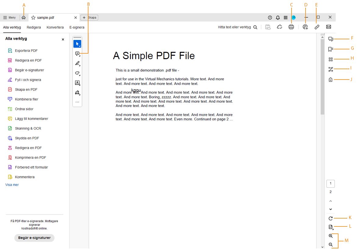 Skrivbordsprogramvyn Adobe Acrobat när en PDF-fil är öppen.