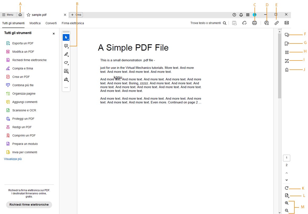 Visualizzazione dell’applicazione Adobe Acrobat per desktop quando è aperto un PDF.