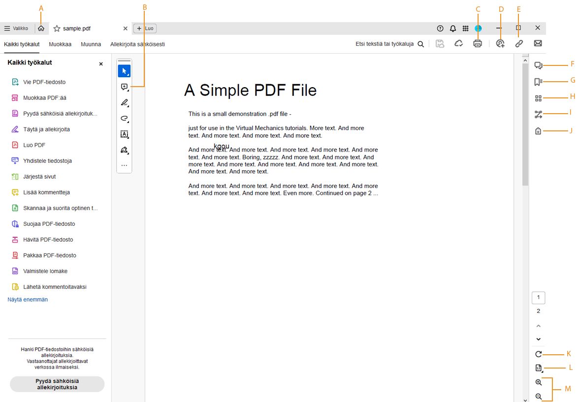 Adobe Acrobat -työpöytäsovellusnäkymä, kun PDF on auki.