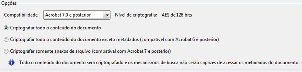 As opções controlam a compatibilidade com versões e tipos de criptografia anteriores