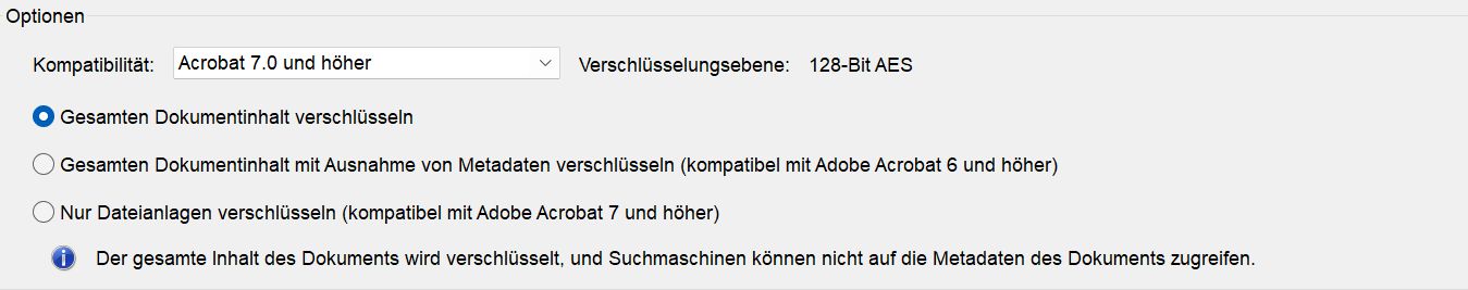 Optionen steuern die Kompatibilität mit früheren Versionen und die Art der Verschlüsselung
