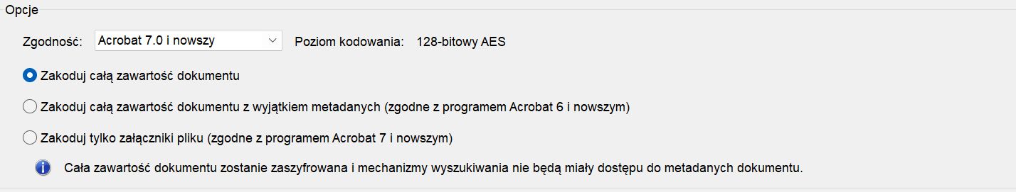 Opcje sterują zgodnością z poprzednimi wersjami programów i typem szyfrowania