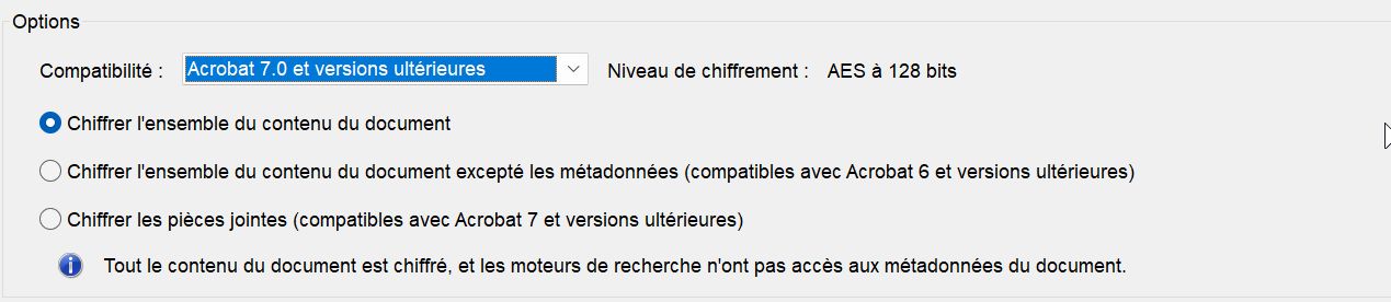 Les options contrôlent la compatibilité avec les versions antérieures, ainsi que le type de chiffrement.