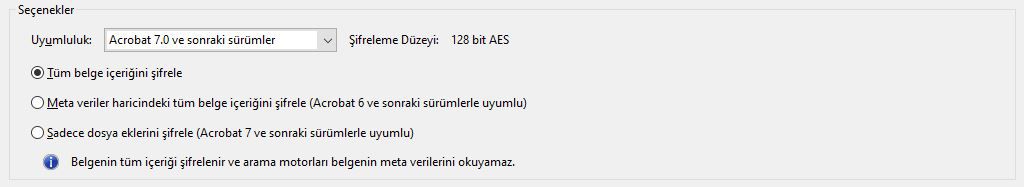 Seçenekler, önceki sürümlerle olan uyumluluğu ve şifreleme türünü denetler
