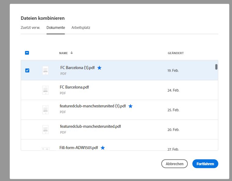 Datei aus den Listen „Zuletzt“ oder „Dateien“ auswählen