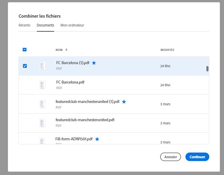 Sélectionner un fichier de la liste Récents ou Fichiers