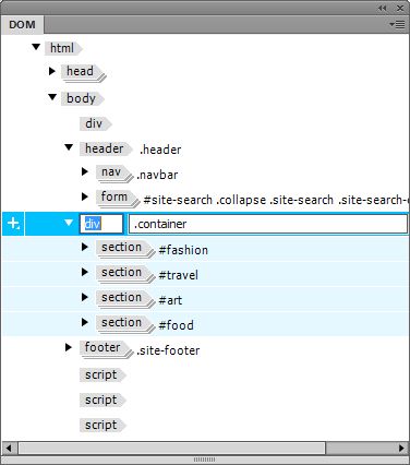 Úpravy tagů na panelu DOM