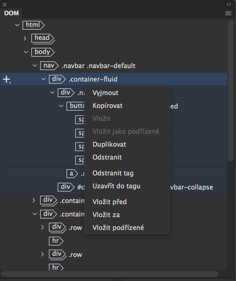 Možnosti úprav na panelu DOM