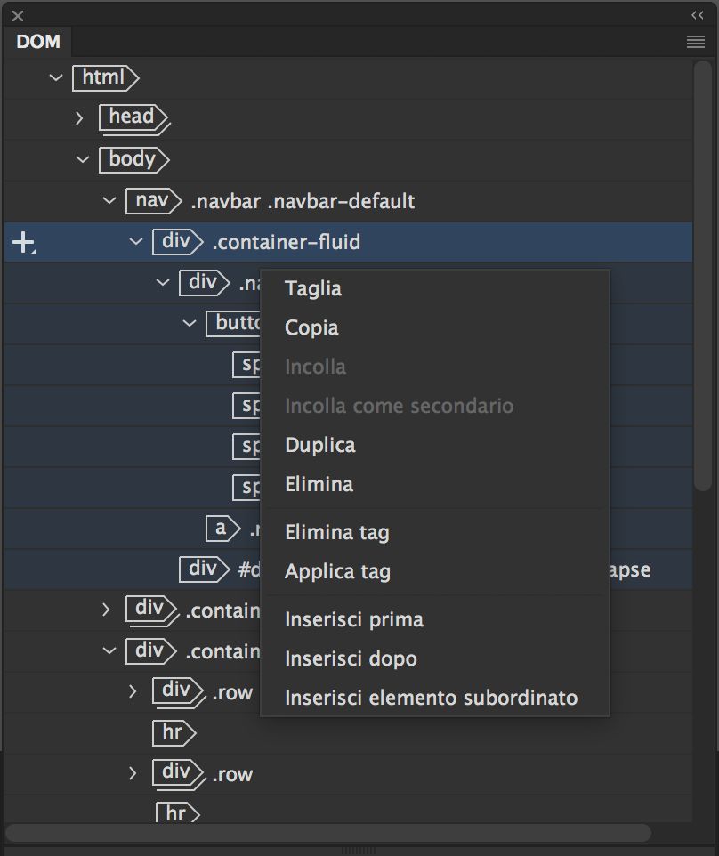 Modifica delle opzioni nel pannello DOM