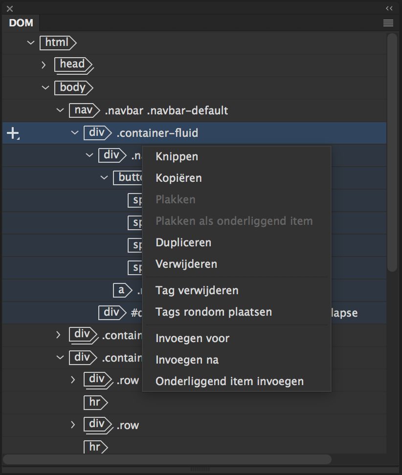 Bewerkingsopties in het deelvenster DOM