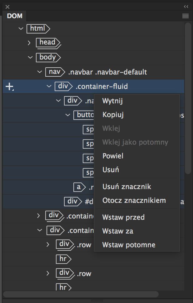 Opcje edycji w panelu DOM