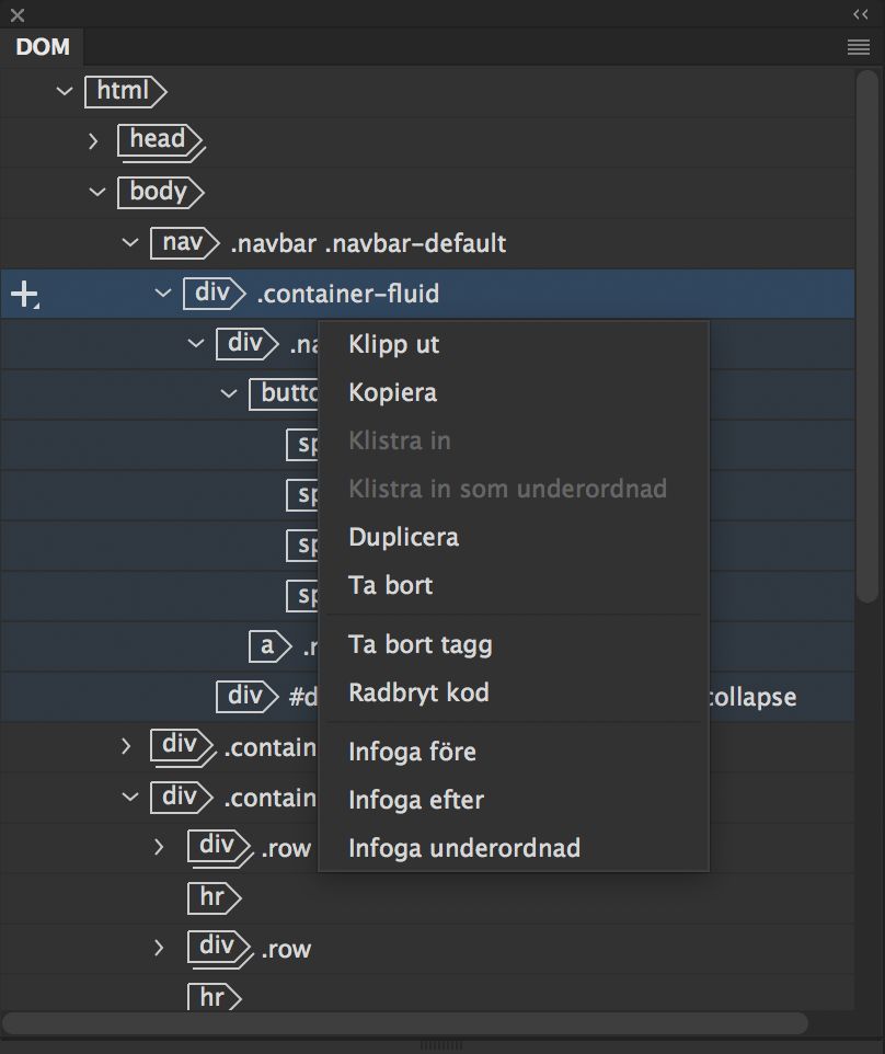 Redigera alternativ på DOM-panelen
