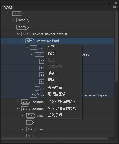 DOM 面板中的編輯選項