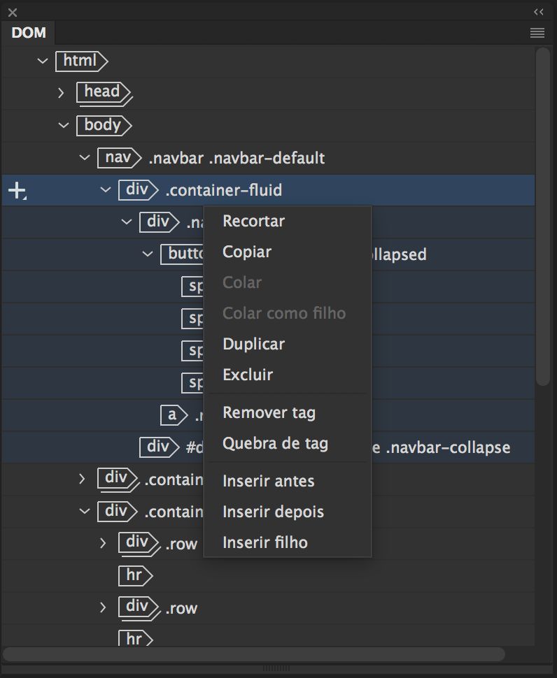 Opções de edição no painel DOM