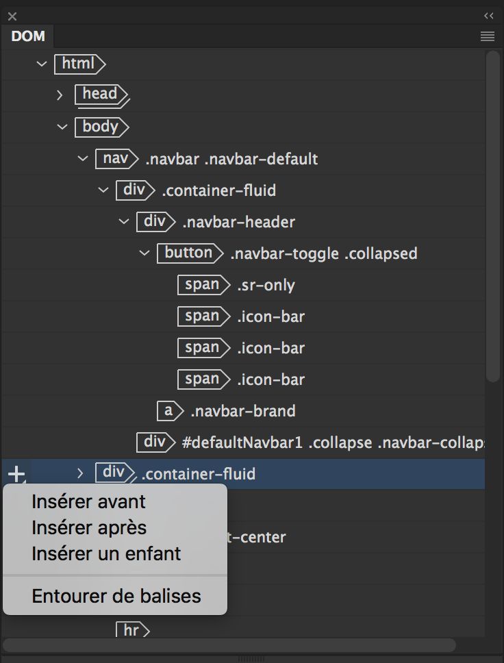 Options d’insertion dans le panneau DOM