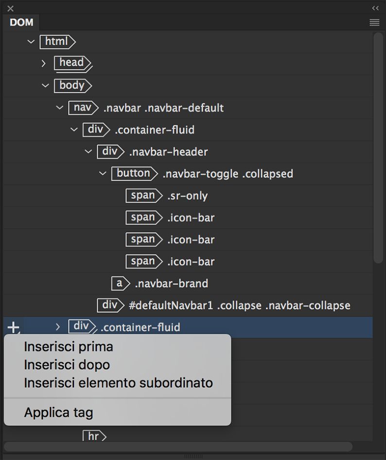 Opzioni di inserimento nel pannello DOM