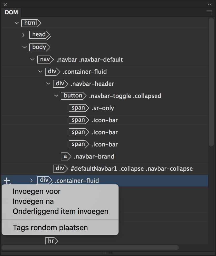 Opties voor Invoegen in het deelvenster DOM