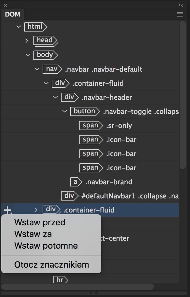 Opcje wstawiania w panelu DOM