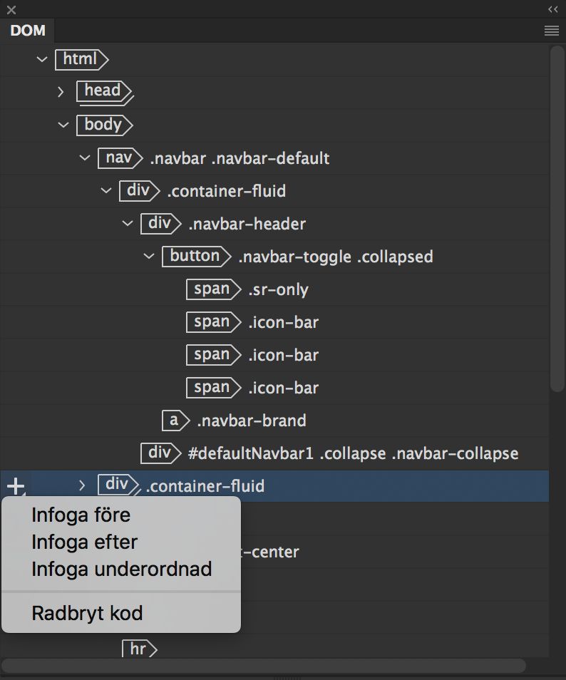 Infogningsalternativ i DOM-panelen