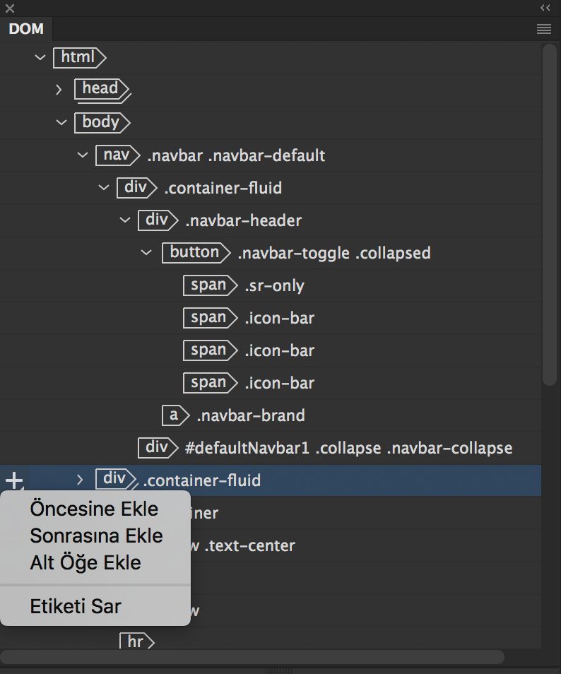 DOM panelindeki Ekle seçenekleri