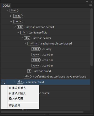 在 DOM 面板中的插入选项