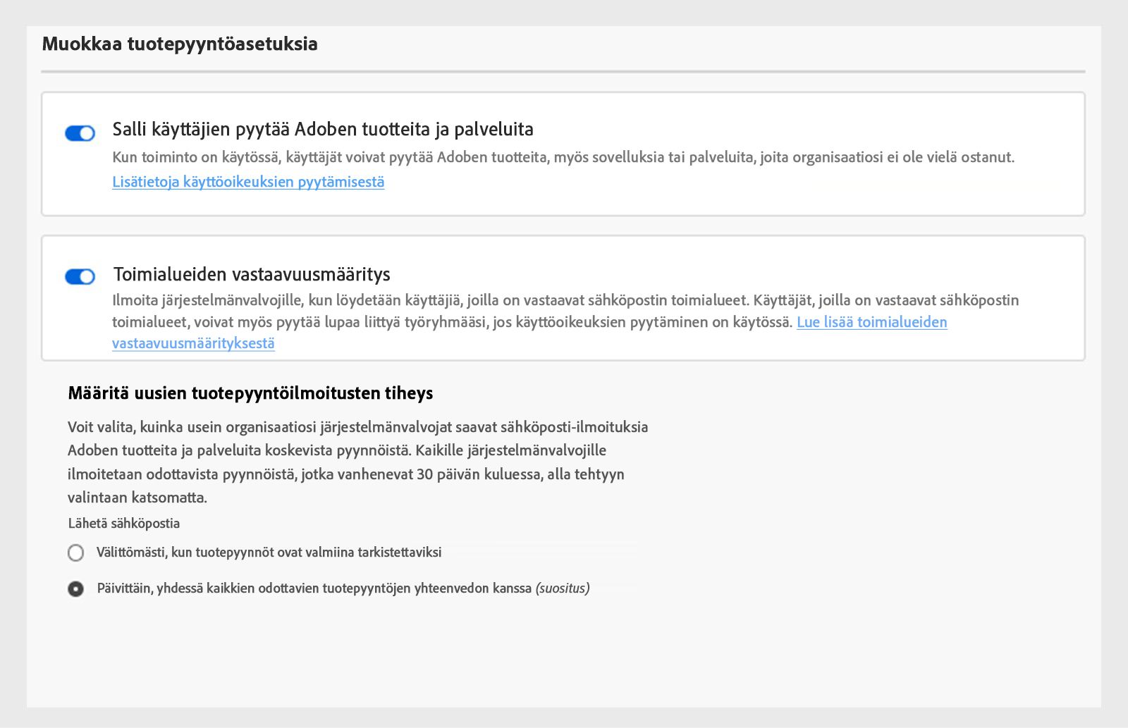 Toimialueiden vastaavuusmäärityksen ottaminen käyttöön tai poistaminen käytöstä